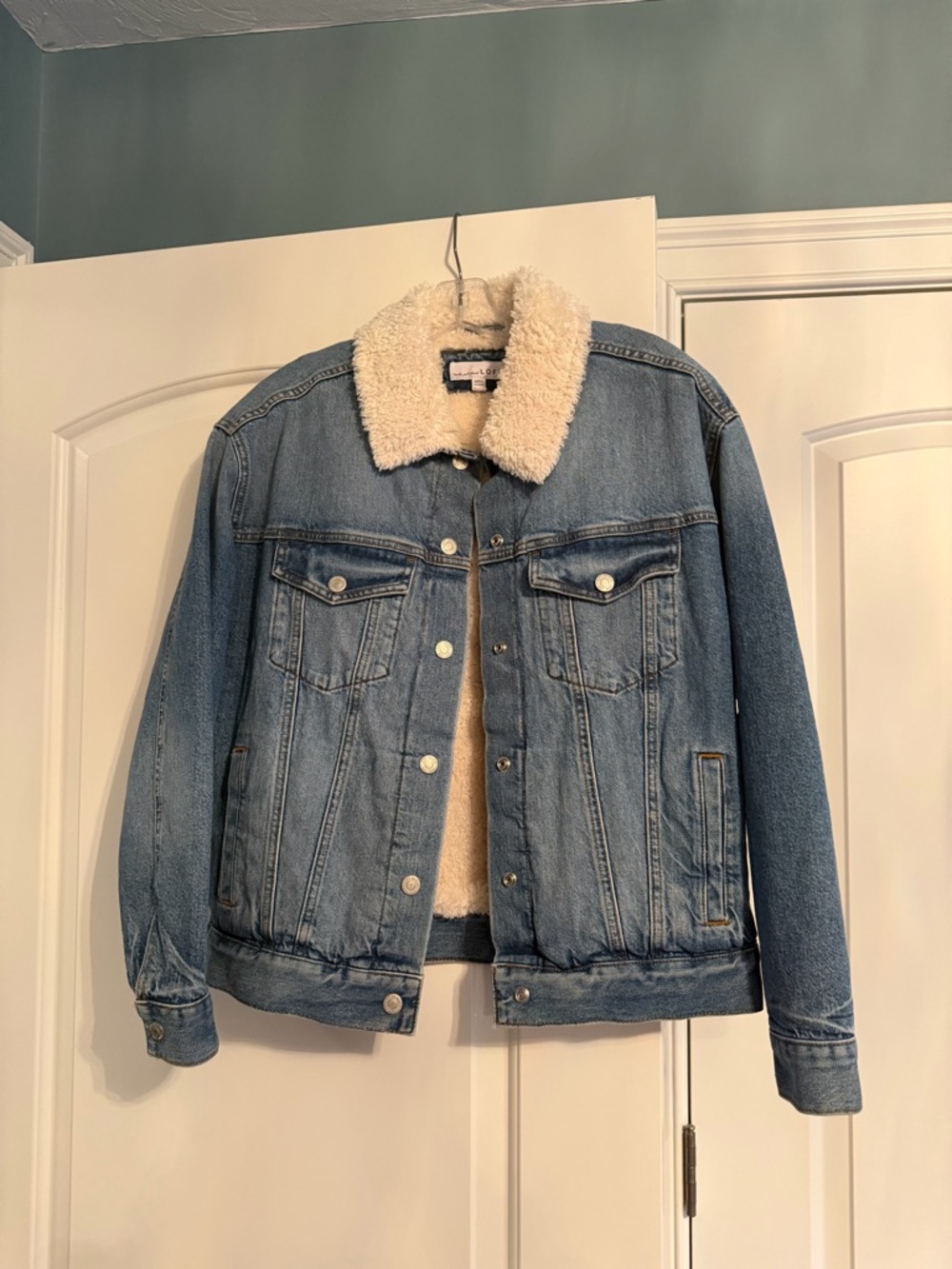Loft Light Wash Sherpa-Lined Denim Jacket in Blue and Cream